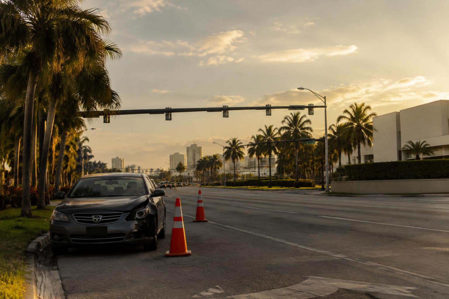 A damaged vehicle sits at a Miami intersection after a car accident.