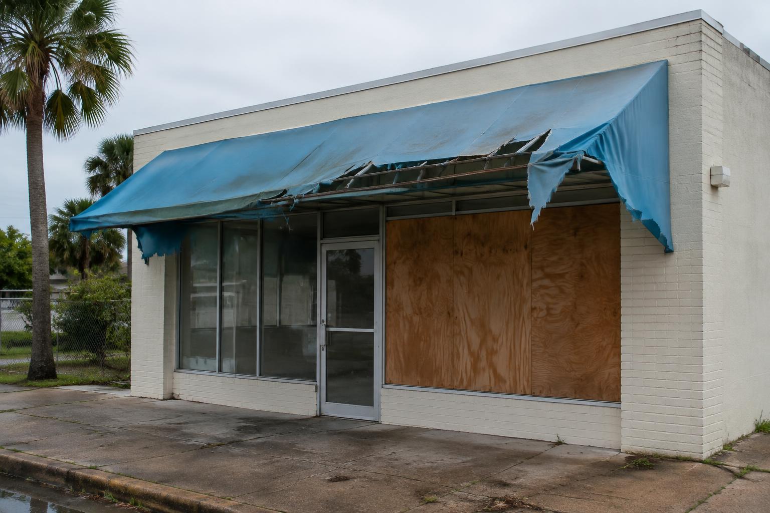 A Florida storefront with storm-damaged awning and boarded windows during a commercial property claim