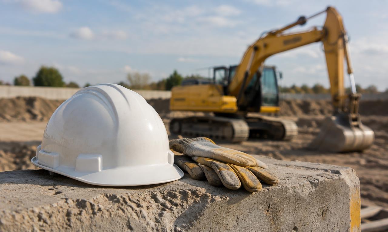 A hard hat and safety gear beside heavy equipment on a Florida construction site