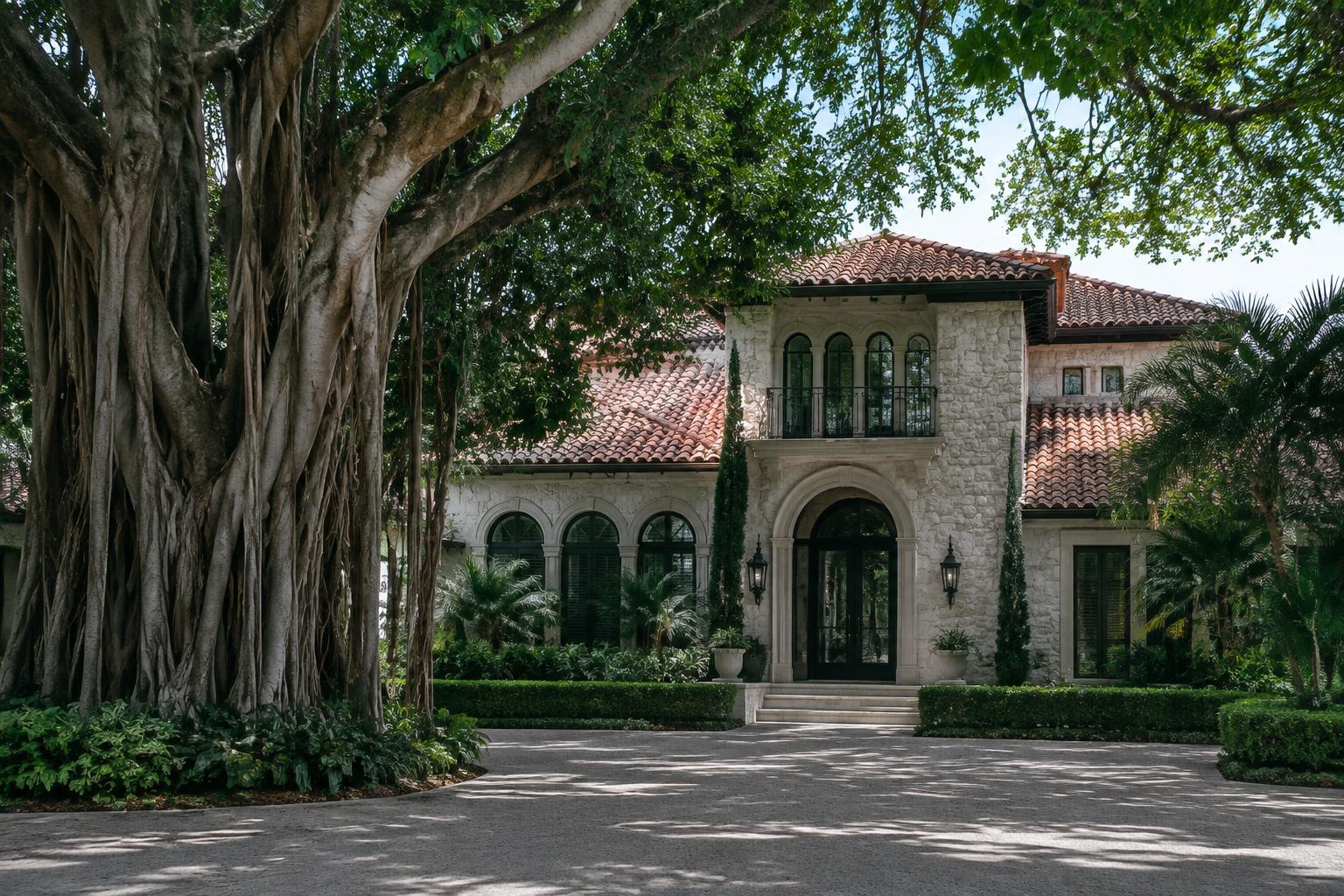 Mediterranean Revival style home in Coral Gables with a clay barrel tile roof and coral stone walls