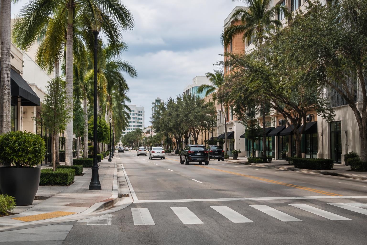 Tree lined commercial street with a crosswalk and traffic, typical of Coral Gables' Miracle Mile area