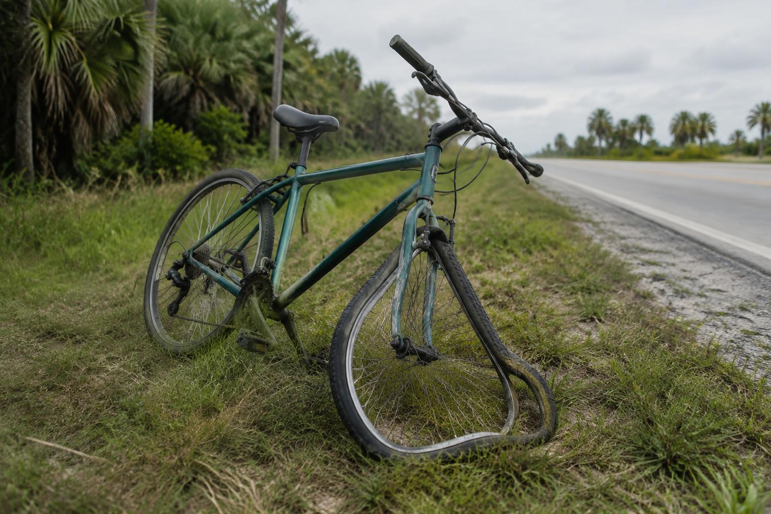 A damaged bicycle beside a road representing evidence in a bicycle accident claim