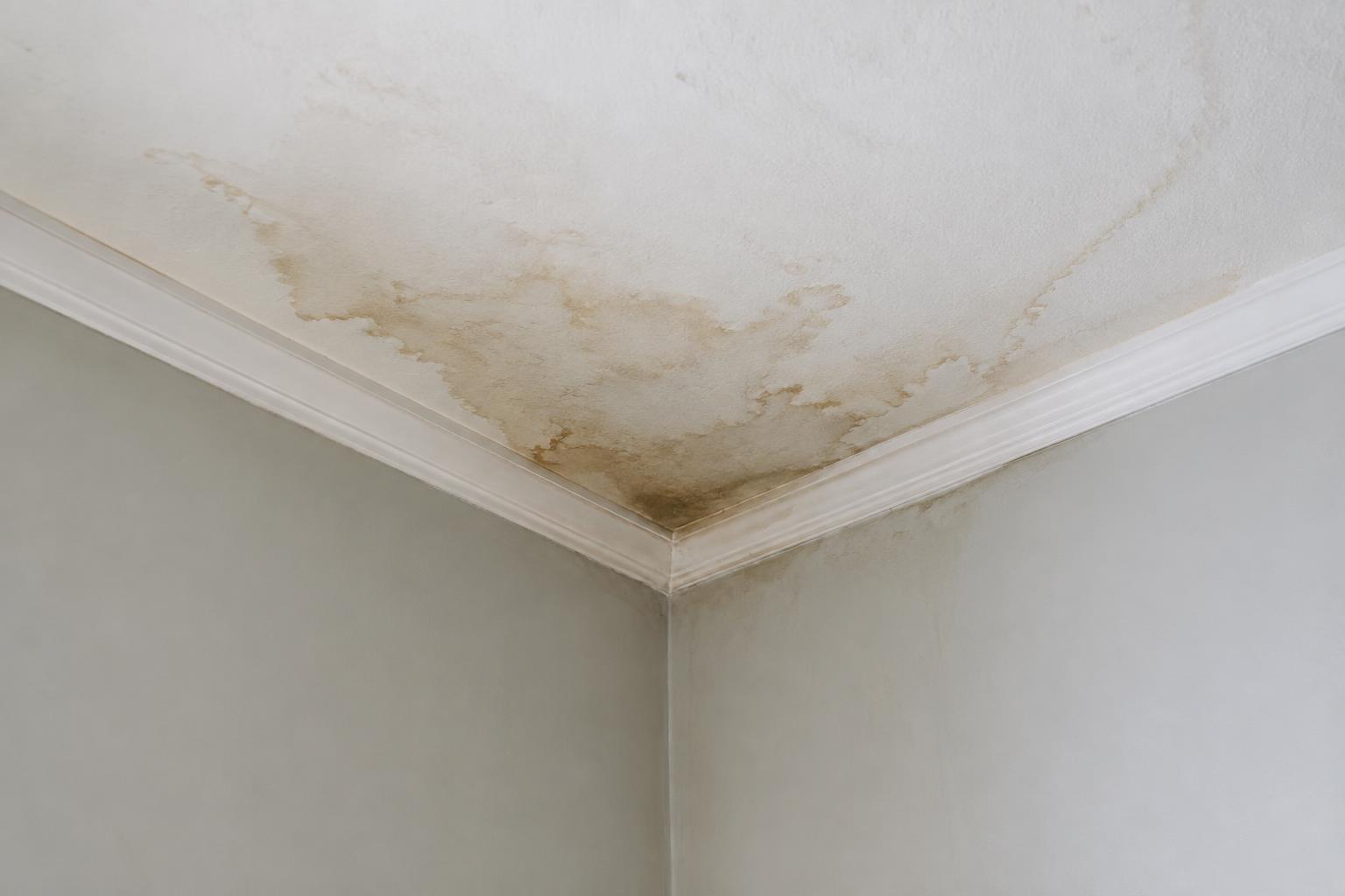 A water-stained ceiling representing damage behind a denied property insurance claim