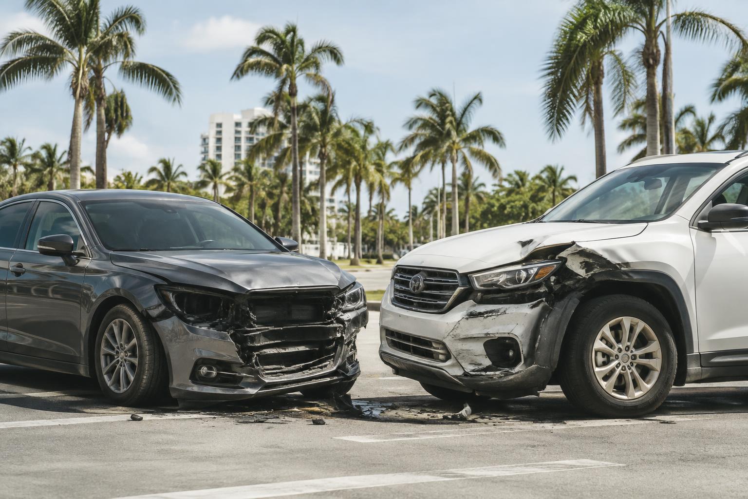 Two vehicles stopped after a distracted driving accident at a busy Miami intersection