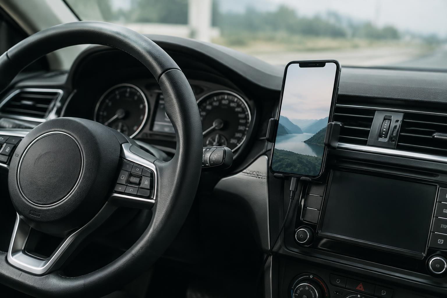 Dashboard view illustrating phone use behind the wheel that can lead to a distracted driving accident