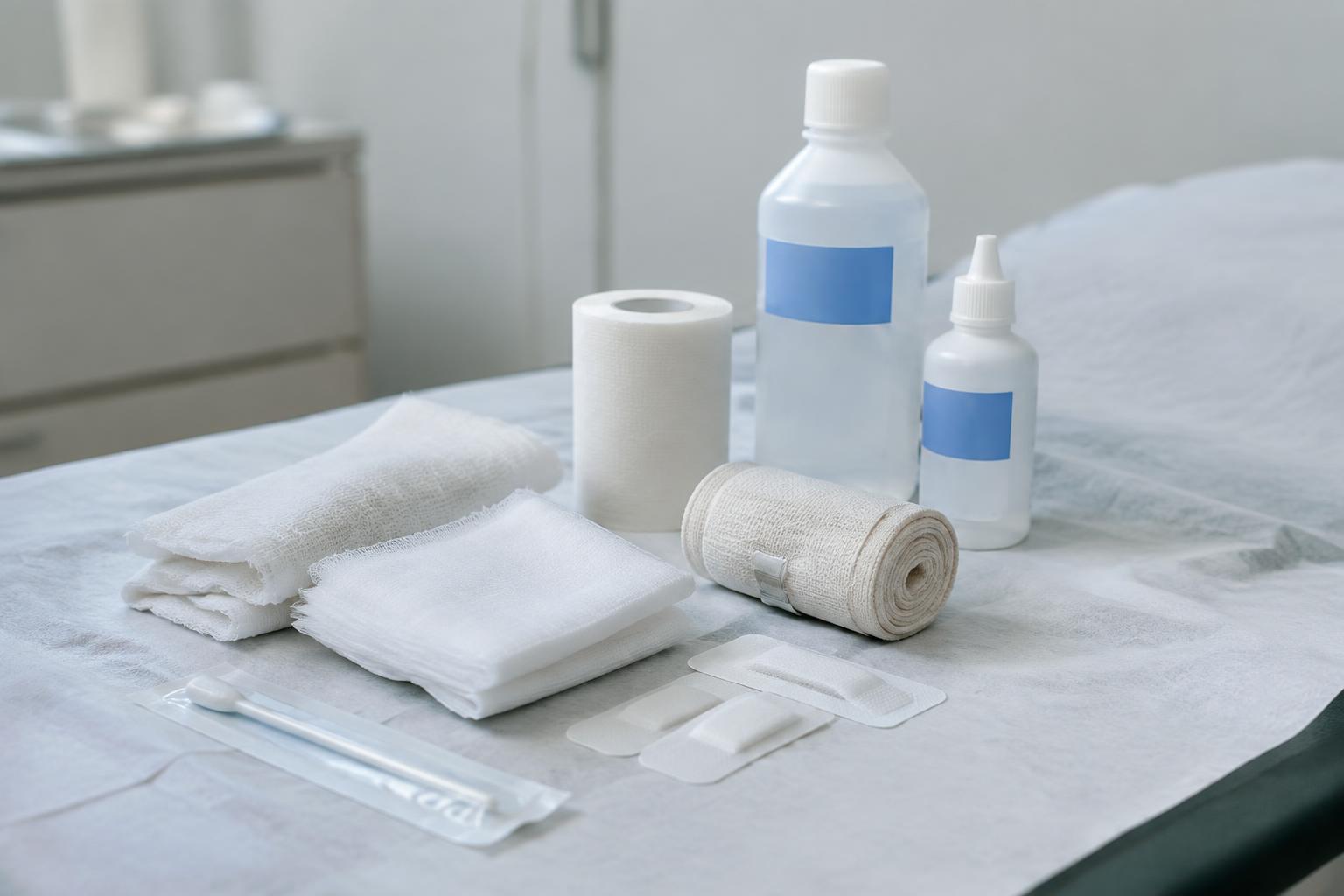 Medical bandage supplies on a clinic table representing treatment after a dog bite injury