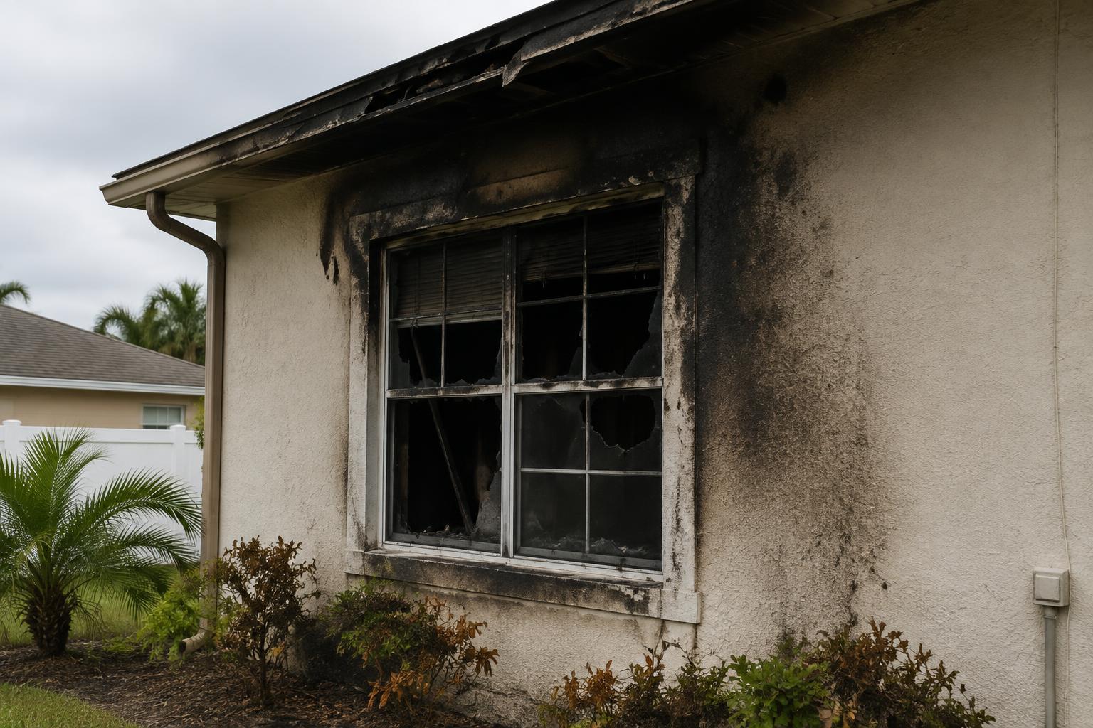 Charred exterior siding on a Florida home showing visible fire damage
