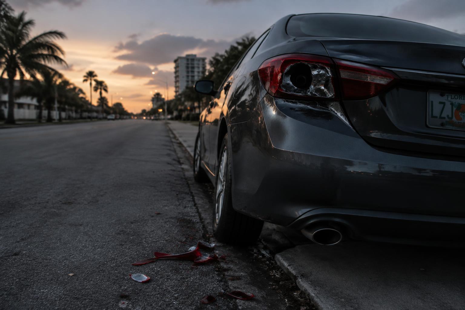 Damaged vehicle on a Miami street after a hit-and-run accident with debris on the road