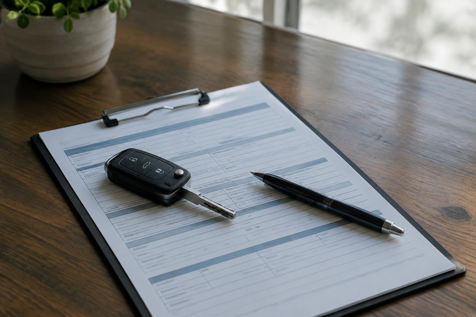 Insurance claim forms and a car key rest on a table after a Florida car accident.