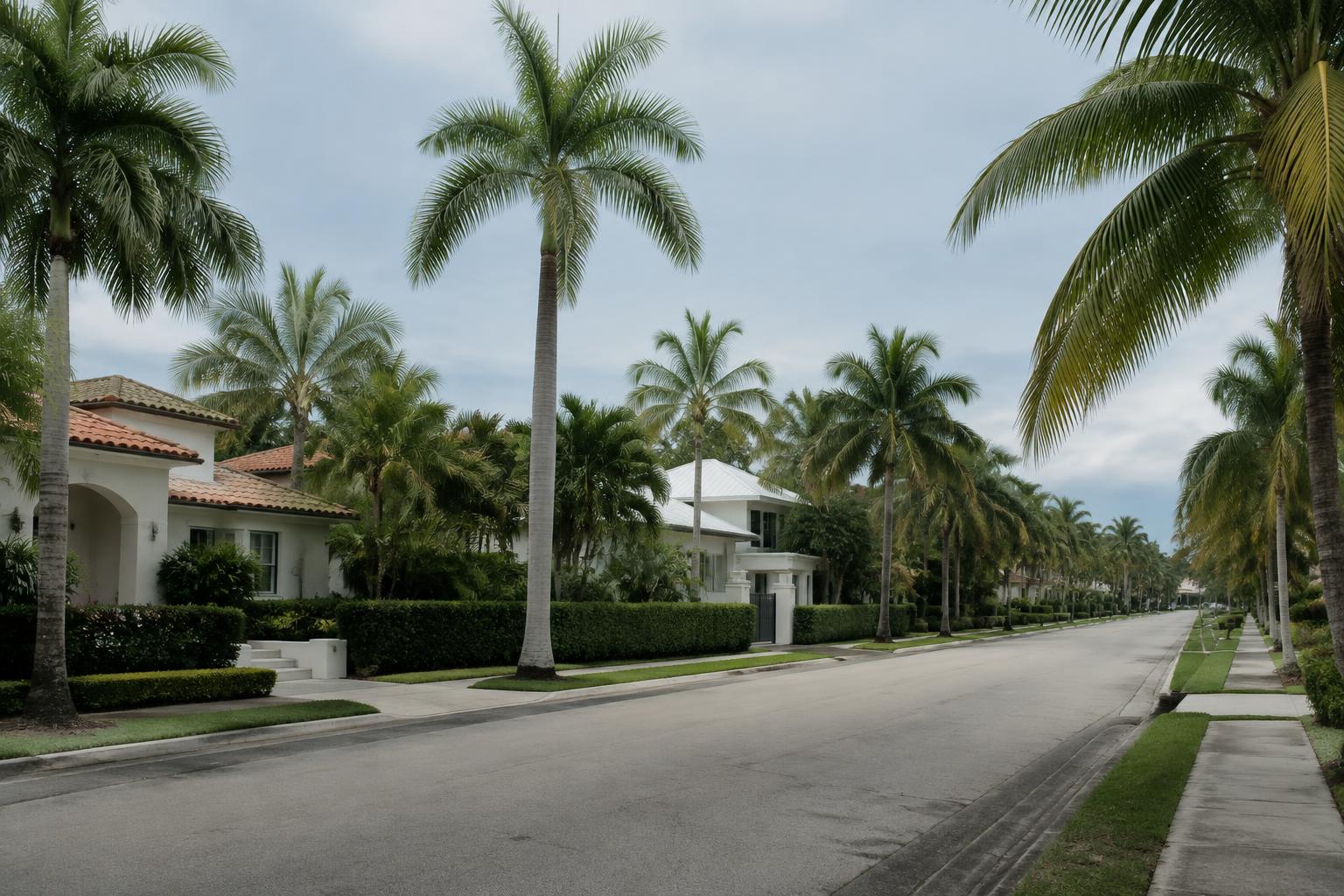 Palm lined residential street of single family homes in Miami-Dade County