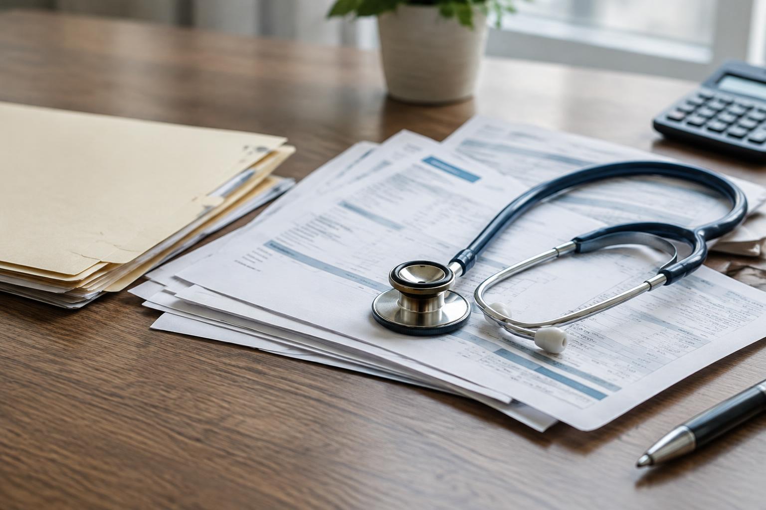 Medical bills and insurance paperwork spread across a desk during an injury claim review.