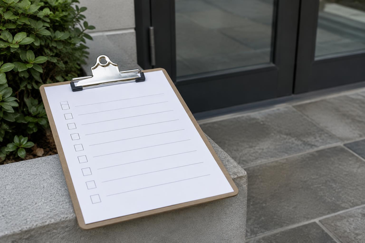 A maintenance clipboard and inspection log sit beside a property entrance.