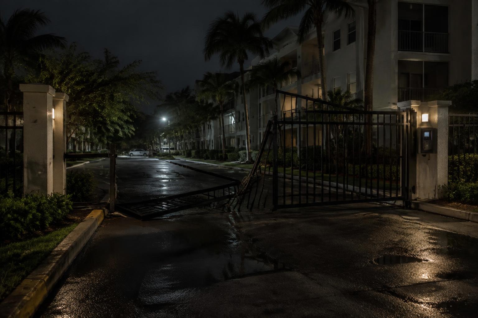 Apartment complex entrance at night with a broken security gate representing a negligent security case