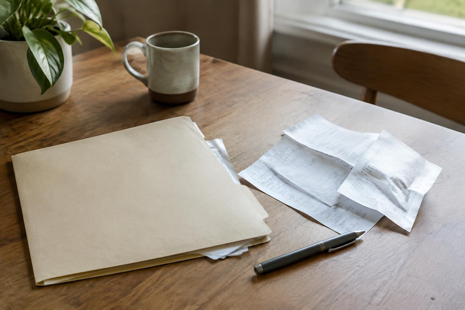 Stacked repair receipts and a claim folder used to support a property insurance claim