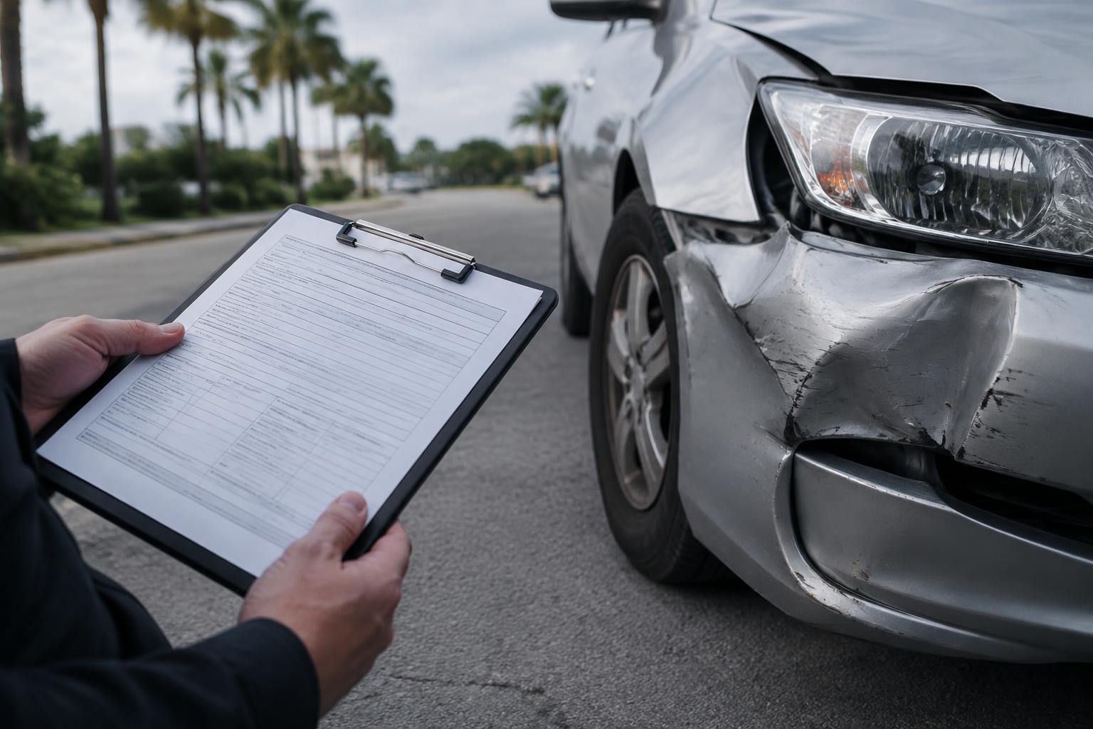 Driver reviewing paperwork after documenting a rear-end collision for a police report