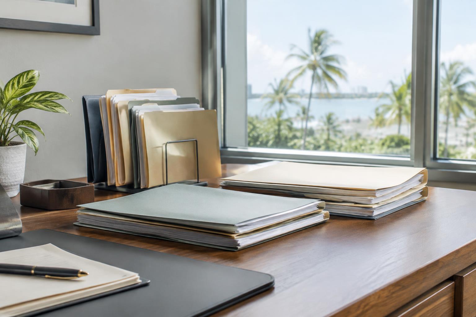 Stacks of claim folders organized on a desk beside a bright window overlooking palms and water