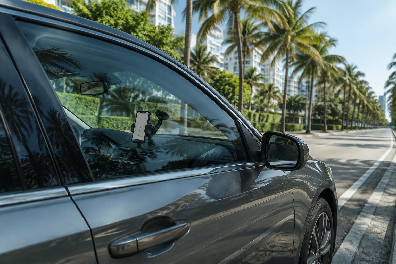 A rideshare vehicle parked on a Miami street representing an Uber or Lyft accident claim