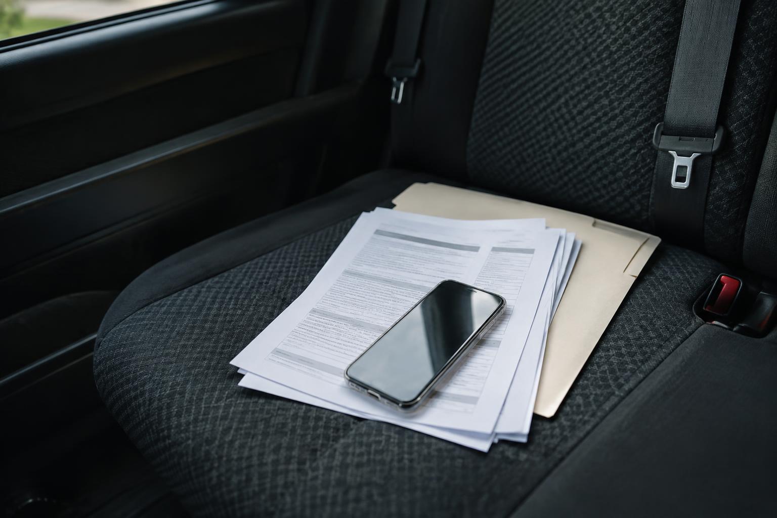 Insurance paperwork on a table illustrating a rideshare passenger injury claim