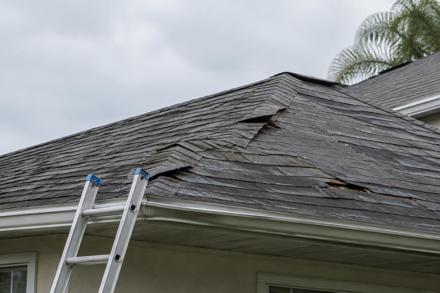 An adjuster inspecting a Florida home's damaged shingle roof after a storm