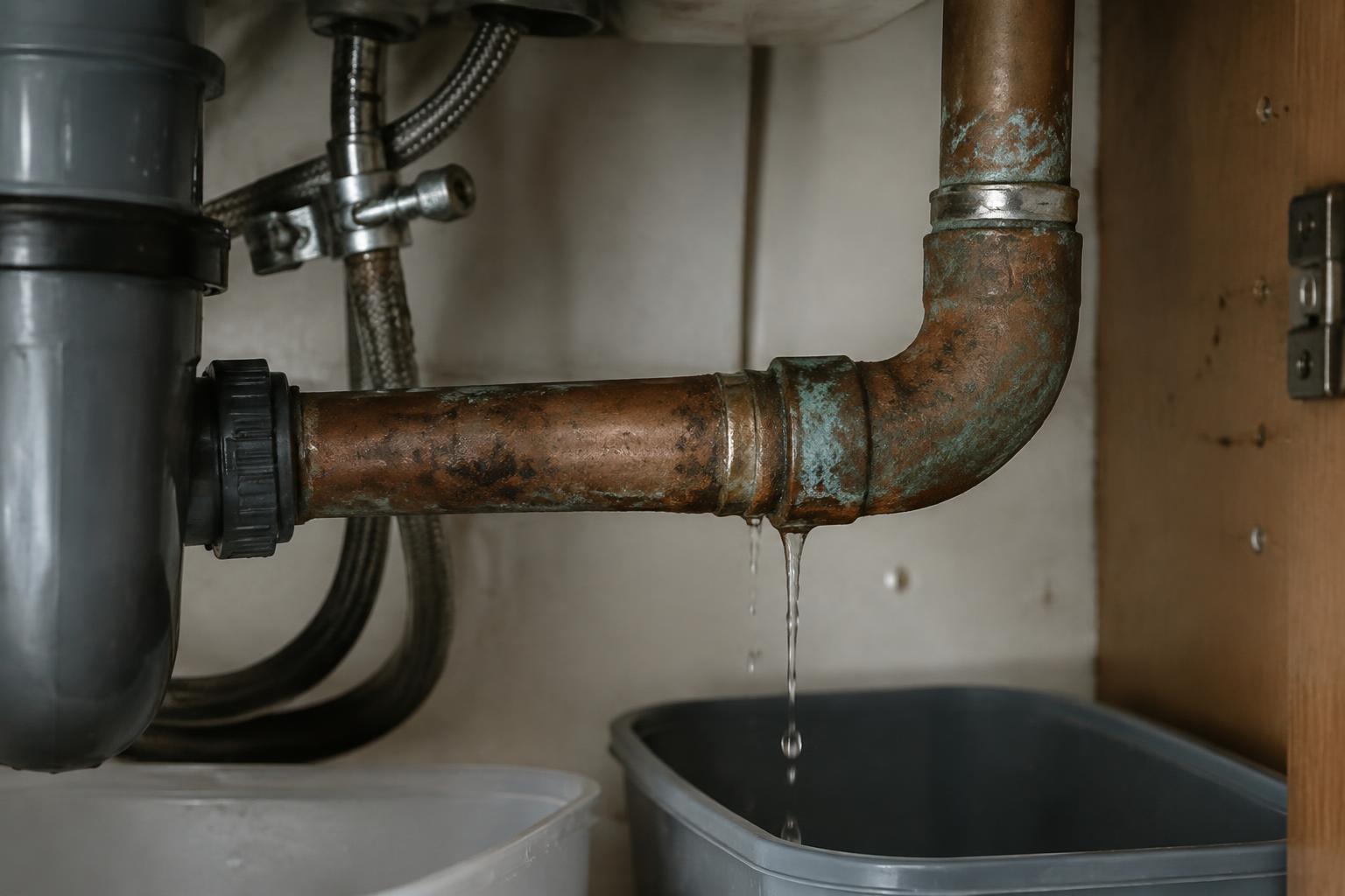 A plumber inspecting a burst pipe that caused water damage in a Florida home